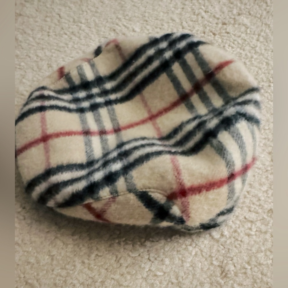 Burberry Cream Plaid Wool Beret with Navy & Red Stripes